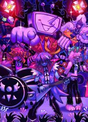  1other 2girls 6+boys absurdres androgynous animal_ears ant_tenna antenna_hair barefoot black_eyes black_gloves black_hair black_nails black_pants blonde_hair blue_skin blush_stickers closed_eyes closed_mouth colored_skin commentary deltarune drum drumsticks elbow_gloves elnina_(deltarune) english_commentary fangs fingerless_gloves furry furry_female furry_male gloves green-framed_eyewear green_hair grin guitar hair_over_eyes hair_over_one_eye highres holding holding_drumsticks holding_guitar holding_instrument holding_microphone horns instrument kris_(dark_world)_(deltarune) kris_(deltarune) kris_(lightners_live)_(deltarune) lancer_(deltarune) lanino_(deltarune) long_hair looking_at_another microphone mihych multiple_boys multiple_girls one_eye_closed open_mouth pants pippins_(deltarune) pointing pointing_at_viewer purple_hair purple_skin rabbick_(deltarune) ralsei ralsei_(lightners_live) red_eyes ribbick_(deltarune) round_eyewear rouxls_kaard semi-rimless_eyewear shadowguy_(deltarune) shuttah_(deltarune) single_blush_sticker skin_fangs smile susie_(dark_world)_(deltarune) susie_(deltarune) susie_(lightners_live)_(deltarune) teeth the_original_starwalker under-rim_eyewear utdr_(toby_fox) white_gloves white_hair yellow_skin zapper_(deltarune) 