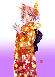  1girl back_bow bow commentary_request earrings gundam gundam_u.c._engage highres japanese_clothes jewelry kimono kotobuki_tsukasa looking_at_viewer official_art open_mouth peche_montagne short_hair solo violet_eyes 