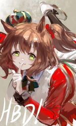  1girl animal_ears aston_machan_(flare)_(umamusume) aston_machan_(umamusume) birthday black_bow black_thighhighs blush bow bowtie breasts brown_hair closed_mouth collared_shirt crown finger_to_mouth green_eyes hair_ornament hair_scrunchie happy_birthday highres horse_ears horse_girl inishie_kumo jacket large_breasts long_sleeves looking_at_viewer mini_crown red_sash red_scrunchie red_sleeves sash scrunchie shirt shoulder_sash skirt smile solo thigh-highs tilted_headwear umamusume white_jacket white_shirt white_skirt 