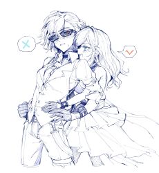  2girls :d absurdres armpit_crease arms_around_waist bare_shoulders blue_eyes breasts ceras_yanagida_lilienfeld chinese_commentary choker clenched_teeth collared_shirt commentary_request dress edel_note frilled_dress frills gloves greyscale half_gloves highres katsuragi_izumi large_breasts link!_like!_love_live! love_live! medium_breasts monochrome multiple_girls open_mouth orange_eyes pants shirt simple_background smile spoken_v spoken_x spot_color sunglasses teeth upper_teeth_only vest virtual_youtuber white_background yrxy_settingsun yuri 