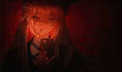 1girl airtair arknights black_gloves black_jacket blonde_hair blood blood_on_wall braid chinese_commentary collared_shirt commentary_request dark dim_lighting fire gloves hair_between_eyes half-closed_eyes highres holding_matchstick jacket long_hair long_sleeves looking_to_the_side matches necktie partially_shaded_face portrait print_necktie red_necktie red_theme shirt smoke smoking solo vulpisfoglia_(arknights) white_shirt yellow_eyes 
