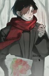  1boy artist_name black_coat black_shirt bouquet brown_eyes brown_hair cigarette coat commentary cowboy_shot curtained_hair ear_chain ear_piercing floating_hair floating_scarf flower fog forest grey_background hand_in_pocket highres holding holding_bouquet holding_lighter lighter linked_piercing looking_ahead mask mask_pull mole mole_under_mouth mouth_hold mouth_mask nature okogeokogeokoge open_clothes open_coat original outdoors piercing red_flower red_scarf red_tulip scarf shirt tree tulip watermark white_mask 