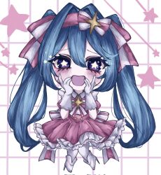  1girl blue_hair boots bow bowtie chibi chibi_only chocolatte_la commentary_request dress full_body gloves hatsune_miku highres ima_sugu_rinne_(vocaloid) long_hair magical_girl open_mouth pantyhose pink_dress solo star-shaped_pupils star_(symbol) striped_bow striped_bowtie striped_clothes symbol-shaped_pupils twintails violet_eyes vocaloid white_boots white_gloves white_pantyhose 