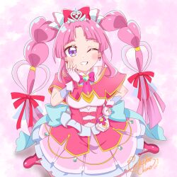  1girl ;d absurdres artist_name back_bow bare_shoulders blue_bow blunt_bangs blunt_ends blush boots bow bowtie braid breasts brooch capelet commentary cure_mystique curtained_hair dated dress earrings fingerless_gloves from_above glint glove_bow gloves gold_trim gradient_hair grin hair_bow hair_ornament hair_ribbon hand_on_own_cheek hand_on_own_face hand_on_own_hip heart heart_brooch heart_in_eye highres impossible_hair jewelry kobayashi_mikuru layered_dress long_hair looking_at_viewer magical_girl medium_dress meitantei_precure! multicolored_hair off-shoulder_dress off_shoulder one_eye_closed pact_holder parrotxchino parted_bangs pink_background pink_boots pink_bow pink_bowtie pink_capelet pink_dress pink_hair pink_theme precure purple_hair red_bow red_ribbon ribbon sidelocks signature sitting small_breasts smile solo symbol_in_eye thick_eyebrows thigh-highs twin_braids two-tone_hair very_long_hair violet_eyes wariza white_gloves white_thighhighs wing_hair_ornament 