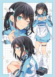  alternate_costume apron aqua_eyes aqua_hair bandaid bandaid_on_leg black_hair black_shoes blue_jacket colored_inner_hair commentary_request finger_heart flower frilled_apron frills grid_background heart heart_hands highres jacket jersey_maid kneehighs looking_at_viewer loose_socks maid maid_apron medium_hair miyamai_moca multicolored_hair multiple_views one_eye_closed shoes socks tere_douga thigh_strap thumbs_down thumbs_down_heart_hands track_jacket unconventional_maid voicepeak white_apron white_socks 