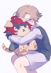  1boy aged_down animalization aotsuki_eito black_gloves black_vest character_doll commentary doll english_commentary glasses gloves grey_hair highres hugging_object looking_at_viewer male_focus multicolored_hair noct2aa red_hair shirt short_hair shorts solo streaked_hair stuffed_toy sumino_takumi the_hundred_line_-last_defense_academy- vest white_background white_shirt white_shorts 