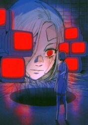  2girls android ariane_yeong bandaid bandaid_on_cheek bandaid_on_face bandaid_on_nose black_hair commentary crt elster_(signalis) english_commentary giant giantess hole monitor multiple_girls one_eye_covered ordicanary red_eyes short_hair signalis size_difference standing surreal 