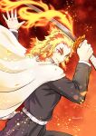  1boy absurdres belt black_suit blonde_hair cape fire formal highres holding holding_sword holding_weapon kimetsu_no_yaiba multicolored_hair orange_background rengoku_kyoujurou solo streaked_hair suit sword thick_eyebrows user_mrwj7225 weapon white_cape yellow_eyes 