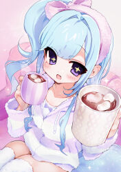  +_+ 1girl :d absurdres blue_hair blunt_bangs blush coffee commentary_request couch cowboy_shot cup dot_nose drawstring food hair_intakes hairband highres holding holding_cup hood hood_down hoodie kmnk_(kumanuko) long_hair long_sleeves looking_at_viewer marshmallow mug one_side_up open_mouth original pink_hairband purple_hoodie sitting smile solo sparkle striped_clothes striped_hoodie thigh-highs violet_eyes white_thighhighs 