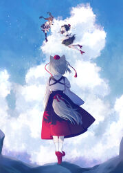  3girls absurdres animal_ears belt black_belt black_hair black_ribbon black_skirt black_socks black_trim blue_sky bow brown_hair cellphone checkered_clothes checkered_skirt closed_mouth clouds commentary_request detached_sleeves flip_phone floating_clothes floating_hair flying frilled_skirt frills from_behind from_below from_side geta hair_bow hat highres himekaidou_hatate holding holding_phone inubashiri_momiji kneehighs leaf_print long_hair long_skirt long_sleeves maple_leaf_print mountain multiple_girls neck_ribbon necktie no_eyes open_mouth phone pointy_ears pom_pom_(clothes) puffy_short_sleeves puffy_sleeves purple_bow purple_hat purple_necktie purple_shoes purple_skirt purple_trim red_hat red_shoes red_skirt ribbon shameimaru_aya shirt shoes short_hair short_sleeves side_slit skirt sky smile socks tail tasuki tengu-geta tokin_hat toraneko_2 touhou twintails two-tone_skirt white_shirt white_socks wide_sleeves wolf_ears wolf_girl wolf_tail 