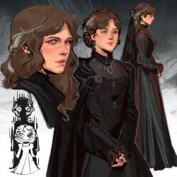  1boy 1girl a_knight_of_the_seven_kingdoms a_song_of_ice_and_fire absurdres baelor_targaryen behind_another black_dress brown_eyes brown_hair closed_eyes crazytom dress earrings father_and_daughter freckles from_side genderswap genderswap_(mtf) gradient_background grey_background heterochromia highres jewelry long_hair long_sleeves looking_at_viewer multicolored_hair multiple_views necklace own_hands_together parted_lips profile red_dress ring russian_commentary smile streaked_hair two-tone_background two-tone_dress valarr_targaryen violet_eyes white_background white_hair white_streaks 