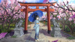  1girl absurdres black_hair blue_eyes blue_kimono blue_sky blue_umbrella cherry_blossoms closed_mouth colored_inner_hair commentary_request day expressionless falling_petals full_body grass hair_between_eyes highres holding holding_umbrella inika japanese_clothes kimono lantern long_bangs long_sleeves miyamai_moca multicolored_hair obi oil-paper_umbrella okobo outdoors path petals platform_sandals print_kimono sandals sash scenery short_hair sky solo statue synthesizer_v tabi torii translation_request tree umbrella variant_set 