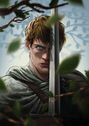  1boy a_knight_of_the_seven_kingdoms a_song_of_ice_and_fire absurdres blood blood_on_face blue_eyes blurry blurry_background blurry_foreground brown_hair closed_mouth dopanin duncan_the_tall falling_leaves frown furrowed_brow grey_cloak highres holding holding_sword holding_weapon leaf male_focus short_hair solo sword twitter_username upper_body weapon 