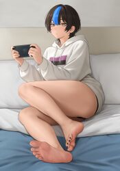  1girl :/ absurdres bare_legs barefoot black_hair black_nails black_panties blue_streaks brown_eyes commentary english_commentary feet foot_focus hair_between_eyes handheld_game_console highres holding holding_handheld_game_console hood hoodie legs looking_at_viewer multicolored_hair nail_polish nihu nintendo_switch_2 original panties shiragi_(nihu) short_hair single_hair_streak sitting soles solo streaked_hair thick_thighs thighs toenail_polish toenails toes underwear white_hoodie 