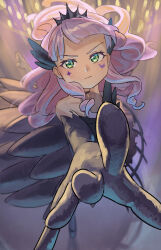  1girl :/ absurdres black_dress black_gloves black_tiara butterfly_wing_(love_live!) closed_mouth commentary_request dress elbow_gloves facial_mark floating_hair gloves green_eyes highres looking_at_viewer love_live! love_live!_superstar!! sleeveless sleeveless_dress solo tanaka_yaku tiara v-shaped_eyebrows wavy_hair wien_margarete 