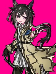  1girl absurdres animal_ears asymmetrical_gloves asymmetrical_shirt black_gloves black_hair blush brown_hair coat commentary_request ear_covers fingerless_gloves gloves goggles goggles_around_neck hair_between_eyes highres horse_ears horse_girl horse_tail kikkasoon long_hair mismatched_gloves multicolored_hair open_mouth pants pink_background shirt simple_background smile solo stay_gold_(sunlit_outsider)_(umamusume) stay_gold_(umamusume) tail torn_clothes torn_coat torn_pants umamusume violet_eyes white_hair white_shirt wrist_belt yellow_coat 