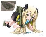  1girl :p absurdres bike_shorts blonde_hair food green_eyes highres leaning_forward long_hair looking_at_viewer mole mole_under_eye nisp_art popsicle reference_inset shirt solo stridsvagn_103_(personification) t-shirt tongue tongue_out very_long_hair war_thunder 