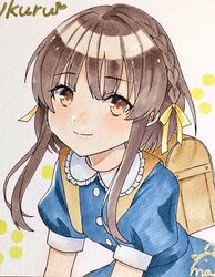  1girl backpack bag blue_dress brown_eyes brown_hair buttons closed_mouth dress kantai_collection short_hair_with_long_locks short_sleeves sidelocks signature smile solo toriniku_senshi_chikinman ukuru_(kancolle) upper_body 