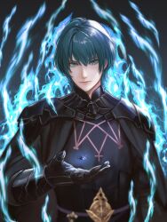  1boy armor black_armor black_cape black_gloves blue_aura blue_eyes blue_gem blue_hair cape closed_mouth commentary_request dagger emblem_(fire_emblem_engage) english_commentary fire_emblem fire_emblem:_three_houses fire_emblem_engage gem gloves highres jewelry knife long_sleeves looking_at_viewer male_byleth_(fire_emblem) male_focus mixed-language_commentary ring short_hair weapon wrainbow13 