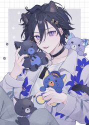  10_io 1boy :3 animal_ear_piercing animal_ears animalization astel_leda black_choker black_hair black_nails cat_boy cat_ears cat_tail choker collared_jacket commentary_request cowboy_shot ear_piercing fangs floral_print floral_print_shirt grey_background grey_pants grid_background hair_ornament hairclip highres holding holding_stuffed_toy holostars jacket kageyama_shien kanade_izuru kemonomimi_mode lightning_bolt_hair_ornament lightning_bolt_symbol male_focus minase_rio nail_polish o-ring o-ring_choker pants paw_print person_and_animalization piercing shirt short_hair sitting slit_pupils solo stuffed_animal stuffed_cat stuffed_toy tail violet_eyes virtual_youtuber white_background white_jacket white_shirt 