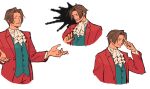 1boy ace_attorney ascot brown_hair closed_eyes curtained_hair finger_to_head formal hair_intakes highres jacket long_sleeves male_focus miles_edgeworth multiple_views pants red_jacket red_pants red_suit shirt short_hair shrugging simple_background smile solo suit surprised upper_body white_ascot white_background white_shirt wwwsumiso 