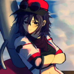  1girl against_object animification arms_under_breasts artist_name bandana baseball_cap black-framed_eyewear black_bandana black_eyes black_hat black_shirt blue_sky breasts cannon clouds commentary crop_top cropped_shirt crossed_arms day double-parted_bangs drop_shadow elbow_pads english_commentary eyewear_on_head flipped_hair genderswap genderswap_(mtf) hair_between_eyes hat highres jacket lex_(l3113) looking_at_viewer medium_hair midriff mortar_(baseball)_(tower_defense_simulator) mortar_(tower_defense_simulator) navel no_pupils official_alternate_costume official_alternate_hair_color official_alternate_hair_length official_alternate_hairstyle open_clothes open_jacket purple_hair red_hat red_trim roblox shaded_face shirt short-sleeved_jacket short_sleeves sidelighting sidelocks sky small_breasts solo standing sunglasses sunlight tower_defense_simulator turning_head two-tone_hat two-tone_headwear upper_body white_jacket 