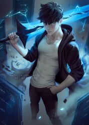  1boy artist_name black_hair black_jacket black_pants blue_eyes bum closed_mouth collarbone commentary electricity english_commentary feet_out_of_frame fraud gameplay_mechanics glowing glowing_eyes greatsword hand_in_pocket hand_up highres holding holding_sword holding_weapon hood hood_down hooded_jacket jacket light_frown male_focus messy_hair open_clothes open_jacket pants shirt short_hair smoke solo solo_leveling sung_jin-woo sword v-shaped_eyebrows watermark weapon white_shirt window_(computing) zarory 