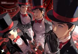  4boys black_gloves black_hair black_hat black_jacket blue_eyes bow bowtie checkered_floor cigar closed_mouth crossed_arms gloves hand_up hands_in_pockets hashtag-only_commentary hat highres holding holding_cigar jacket kowalski_(madagascar) long_sleeves looking_at_viewer magician male_focus multiple_boys obodyn46497 open_clothes open_jacket pants personification private_(madagascar) raised_eyebrow red_bow red_bowtie rico_(madagascar) scar scar_on_face scar_on_mouth shirt shoes short_hair skipper_(madagascar) smile sparkle standing the_penguins_of_madagascar tongue tongue_out top_hat very_short_hair vest waving white_pants white_shirt white_vest 