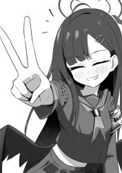  1girl absurdres ahoge armband blue_archive blush closed_eyes commentary_request facing_viewer greyscale hair_ornament hairclip halo highres ichika_(blue_archive) kotoba_ayato long_hair long_sleeves midriff_peek monochrome neckerchief notice_lines school_uniform serafuku simple_background skirt smile solo swept_bangs translation_request upper_body v white_background wings 