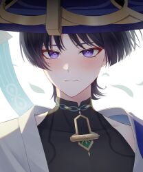  1boy black_bodysuit black_hair blue_hat blue_jingasa blunt_ends blush bodysuit bright_pupils closed_mouth covered_collarbone eyeliner falling_leaves fukami_nau genshin_impact gold hashtag-only_commentary hat highres japanese_clothes jingasa kimono leaf looking_at_viewer makeup male_focus mandarin_collar portrait red_eyeliner scaramouche_(genshin_impact) shoulder_peek solo split_mouth tsurime violet_eyes wanderer_(genshin_impact) white_background white_kimono white_pupils wispy_bangs 