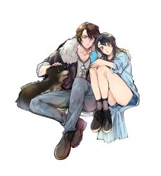  1boy 1girl alternate_costume angelo_(ff8) arm_around_shoulder black_hair black_jacket black_shoes blue_coat blue_eyes blue_shorts brown_eyes brown_hair brown_shoes cellphone chain chain_necklace closed_mouth coat commentary_request dissidia_duellum_final_fantasy dissidia_final_fantasy dog final_fantasy final_fantasy_viii full_body fur-trimmed_jacket fur_trim grey_pants grey_socks hair_between_eyes hand_on_another's_head highres holding holding_phone jacket jewelry long_coat long_hair necklace official_alternate_costume pants parted_bangs parted_lips phone rinoa_heartilly rinoa_heartilly_(student_sorceress) sayaendou0426 shirt shoes short_hair shorts silver_necklace sleeves_rolled_up smartphone socks squall_leonhart twitter_username white_background white_shirt 