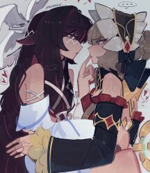  ... 2girls bare_shoulders black_collar black_hair black_sleeves blue_eyes bonnet bow breasts brown_hair chaerene closed_mouth collar columbina_(genshin_impact) detached_collar detached_sleeves doll_joints dress english_text eye_mask finger_to_mouth genshin_impact hair_bow hair_flaps hair_ornament hair_ribbon hand_on_another's_back hashtag-only_commentary head_wings headdress heart highres joints leg_lock long_hair long_sleeves mask multicolored_hair multiple_girls multiple_wings open_mouth purple_hair purple_streaks ribbon sandrone_(genshin_impact) see-through_clothes see-through_mask short_hair short_hair_with_long_locks sitting spoken_ellipsis streaked_hair sweat two-tone_hair unusually_open_eyes very_long_hair violet_eyes white_dress white_headdress white_mask white_wings winding_key wing_hair_ornament wings wrist_bow x-shaped_eyewear yuri 