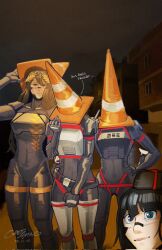  4girls android black_hair blue_eyes building covered_face dated eule_(signalis) facing_viewer falke_(signalis) gretarting group_picture hand_on_own_hip highres long_hair looking_at_viewer multiple_girls outdoors short_hair signalis signature standing star_(signalis) storch_(signalis) traffic_cone traffic_cone_on_head 