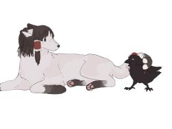  animal animalization bird black_bird brown_eyes brown_hair clothed_animal commentary crow fox frilled_hair_tubes frills hair_tubes hakurei_reimu hakurei_reimu_(fox) hat highres no_humans pom_pom_(clothes) red_hat shameimaru_aya shameimaru_aya_(crow) tktkhappymchyru tokin_hat touhou 