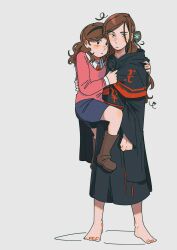  2girls aged_down ayellowapple barefoot black_hairband black_robe blue_skirt blush boots brown_boots brown_hair clinging closed_mouth collared_shirt commentary dual_persona english_commentary feet full_body grey_background hair_bun hairband highres hood hood_down kurashiki_akane kyokugen_dasshutsu kyokugen_dasshutsu:_9_jikan_9_nin_9_no_tobira long_hair long_sleeves multiple_girls necktie no_sclera official_alternate_costume pink_shirt red_necktie robe shirt simple_background single_side_bun skirt spoilers standing toenails toes white_shirt 