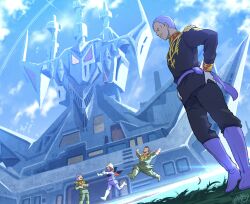  1girl 3boys aged_down black_jacket black_pants blue_sky boots building castle closed_eyes colony_interior commentary_request dated day dozle_zabi dutch_angle family fortress from_below garma_zabi gihren_zabi gloves grass green_jacket green_pants gundam hands_on_own_hips helmet highres jacket knee_boots kycilia_zabi laughing mask military_jacket military_rank_insignia military_uniform mobile_suit_gundam mobile_suit_gundam_the_origin mosuke_2 mouth_mask multiple_boys o'neill_cylinder open_mouth outdoors outstretched_arms pants parody purple_hair purple_mask red_hair running science_fiction short_hair siblings sky space_habitat spread_arms standing very_short_hair white_boots white_gloves zeon 