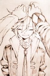  3boys ahoge coat earrings facing_viewer fingernails gem grimms_notes grin hair_between_eyes headpat jacob_grimm_(grimms_notes) jacob_grimm_(original)_(grimms_notes) jewelry long_sleeves ludwig_grimm_(grimms_notes) ludwig_grimm_(original)_(grimms_notes) male_focus monochrome multiple_boys open_clothes open_coat out_of_frame pov shino_(5no) shirt short_hair simple_background smile teeth traditional_media upper_body wilhelm_grimm_(grimms_notes) wilhelm_grimm_(original)_(grimms_notes) 