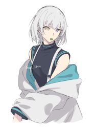  1girl absurdres bang_dream! bang_dream!_it's_mygo!!!!! black_shirt blue_eyes commentary_request heterochromia highres jacket kanade_(kanade_3344) kaname_raana looking_at_viewer medium_hair mouth_hold off_shoulder plectrum plectrum_in_mouth shirt simple_background sleeveless sleeveless_shirt solo suspenders white_background white_hair white_jacket yellow_eyes 