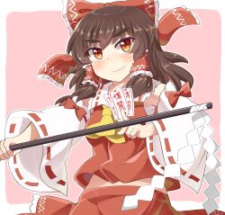  1girl absurdres ascot between_fingers blush bow breasts brown_eyes brown_hair chest_sarashi closed_mouth commentary_request detached_sleeves frilled_bow frilled_hair_tubes frills gohei hair_bow hair_tubes hakurei_reimu highres holding holding_gohei holding_ofuda long_hair medium_breasts miko_day ofuda ofuda_between_fingers red_bow red_skirt ribbon-trimmed_sleeves ribbon_trim sarashi schinfaxi1996 skirt skirt_set smile solo touhou yellow_ascot 