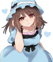  1girl absurdres adjusting_hair alternate_eye_color blue_dress blue_hat brown_eyes brown_hair character_request check_character commentary dress eyes_visible_through_hair feet_out_of_frame hand_up hat heart highres looking_at_viewer puffy_short_sleeves puffy_sleeves science_adventure shiina_mayuri short_hair short_sleeves smile solo steins;gate tsugumi_(tgm_615486) white_background 