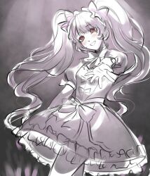  1girl audience bow bow_button bowtie cleavage_cutout clothing_cutout collared_dress commentary cowboy_shot dodora_(shining_nikki) dot_nose dress english_commentary eyelashes facial_tattoo frilled_dress frilled_hairband frilled_wrist_cuffs frills glowstick grey_background greyscale hair_bow hairband happy head_tilt heart heart_tattoo highres idol lace-trimmed_bowtie layered_dress lolita_fashion lolita_hairband long_hair looking_at_viewer monochrome nikki_(series) nonoberry22 open_mouth outline outstretched_hand palms penlight_(glowstick) puffy_short_sleeves puffy_sleeves red_eyes shining_nikki short_dress short_sleeves sleeve_cuffs smile solo spot_color spotlight standing tattoo twintails very_long_hair waist_bow wavy_hair white_outline wrist_cuffs 