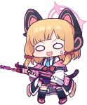  1girl :d absurdres animal_ear_headphones animal_ears assault_rifle battle_rifle black_skirt black_thighhighs blonde_hair blue_archive blue_necktie blush bow chibi collared_shirt fake_animal_ears full_body gun h&amp;k_g3 hair_bow halo headphones highres holding holding_gun holding_weapon jacket long_sleeves looking_at_viewer momoi_(blue_archive) necktie off_shoulder panatisia pink_footwear red_bow rifle shirt shoes sidelocks simple_background skirt sleeves_past_wrists smile solo standing suspender_skirt suspenders sweat tail thigh-highs v-shaped_eyebrows weapon white_background white_jacket white_shirt wide_oval_eyes wide_sleeves 