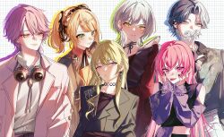  2boys 4girls absurdres aoyagi_touya black_choker black_nails blonde_hair bloom_festival_(project_sekai) blue_hair choker clenched_teeth clothing_cutout commentary_request covered_mouth cropped_jacket curtained_hair ear_piercing earrings fingernails floral_print flower flower_request goggles goggles_around_neck green_eyes grey_hair grey_shirt grid_background hands_on_own_face hands_up highres hinomori_shiho holding holding_flower jewelry kagamine_rin kamishiro_rui kusanagi_nene lapels lips long_hair long_sleeves looking_at_viewer looking_to_the_side momoi_airi multicolored_hair multiple_boys multiple_girls nail_polish notched_lapels official_alternate_costume official_alternate_hairstyle omoi_wo_nosete!_dream_stage_(project_sekai) parted_lips piercing pink_eyes pink_hair project_sekai purple_hair rinsannnn33 shirt short_hair shoulder_cutout split-color_hair streaked_hair teeth tongue tongue_out two-tone_hair violet_eyes yellow_eyes 