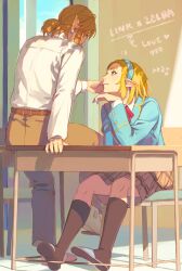  1boy 1girl black_socks blonde_hair blue_hairband blue_jacket blue_slippers brown_pantyhose character_name classroom commentary_request desk earrings eorinamo full_body green_eyes grey_skirt hair_tie hairband hand_on_another's_cheek hand_on_another's_face head_on_hand highres jacket jewelry korean_commentary link looking_at_another low_ponytail medium_hair neck_ribbon pantyhose pleated_skirt pointy_ears ponytail princess_zelda red_ribbon ribbon school_desk school_uniform shirt sidelocks sitting skirt slippers socks the_legend_of_zelda the_legend_of_zelda:_breath_of_the_wild white_shirt 