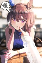  2girls admire_vega_(umamusume) animal_ears bare_shoulders blue_shirt blush breasts brown_hair closed_mouth cup curren_chan_(casual)_(umamusume) curren_chan_(umamusume) disposable_coffee_cup disposable_cup ear_covers gelato1030 hair_between_eyes head_rest highres horse_ears horse_girl jewelry long_hair long_sleeves multiple_girls necklace pout red_nails see-through_clothes see-through_sleeves shirt single_ear_cover sitting sleeveless sleeveless_shirt speech_bubble spoken_squiggle squiggle umamusume violet_eyes 