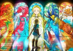  3boys 3girls anniversary aqua_tunic bare_shoulders beard bird_boy blonde_hair blue_lips blue_scarf boots braid brown_boots circlet closed_eyes copyright_name crop_top dark-skinned_female dark_skin daruk dated dress earrings facial_hair fins fish_girl from_behind full_body gerudo gold_necklace gold_trim goron green_eyes green_shirt grin hair_tie head_fins holding holding_polearm holding_sword holding_weapon hoop_earrings jewelry link long_hair low_ponytail master_sword midriff mipha monster_boy monster_girl multiple_boys multiple_braids multiple_girls necklace own_hands_clasped own_hands_together panties pointy_ears polearm ponytail praying princess_zelda red_hair revali rito scarf shirt sidelocks silver_jewelry single_vambrace smile stained_glass swept_bangs sword teeth the_legend_of_zelda the_legend_of_zelda:_breath_of_the_wild tunic twitter_username underwear upper_body urbosa vambraces weapon white_dress white_hair white_panties white_shirt wyrooyaitm yellow_eyes zora 