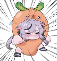  1girl animal_ears blue_archive blush blush_stickers carrot chibi chibi_only closed_eyes closed_mouth commentary crying emphasis_lines facing_viewer full_body grey_hair kaming3698 kokona_(blue_archive) long_hair mascot_costume punching runny_nose simple_background snot solo standing sweat untranslatable_commentary wavy_mouth white_background 