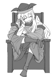  1girl boots closed_eyes closed_mouth commentary_request detached_sleeves facing_viewer greyscale hat highres knee_boots long_hair long_sleeves matara_okina mero_(starfish_jcs) monochrome sitting skirt solo sun_print tabard touhou very_long_hair 