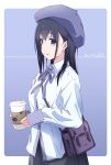  1girl bag beret black_hair black_skirt blue_background blue_eyes blue_headwear blue_ribbon border carrying_bag closed_mouth collared_shirt commentary_request cup dated disposable_cup dress_shirt hair_between_eyes hat highres holding holding_cup long_hair long_sleeves looking_at_viewer monai-chan_(nii_manabu) neck_ribbon nii_manabu original outside_border partial_commentary puffy_long_sleeves puffy_sleeves purple_bag ribbon shirt shoulder_bag sidelocks sideways_glance signature simple_background skirt sleeve_cuffs sleeves_past_wrists smile solo split_mouth untucked_shirt upper_body white_border white_shirt 