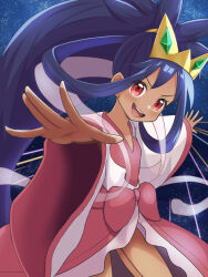  1girl :d asama_fumi black_hair bow collarbone commentary_request hair_rings happy highres iris_(pokemon) long_hair long_sleeves open_mouth pink_bow pink_skirt pokemon pokemon_bw2 red_eyes shirt skirt smile solo space teeth upper_teeth_only v-neck white_shirt wide_sleeves 